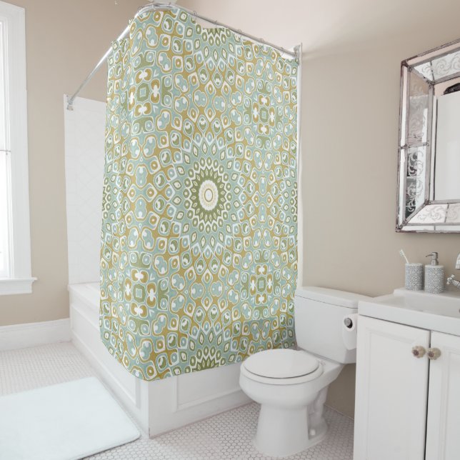 Earthy Mandala in Green, Gold, and Soft Blue Duschvorhang (Beispiel)