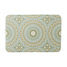 Earthy Mandala in Green, Gold und Soft Blue Badematte