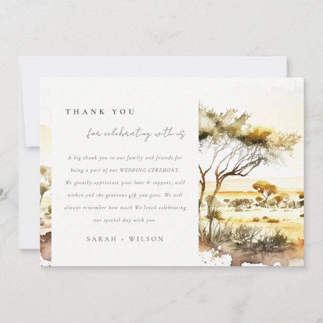 Earthy Mute Watercolor African Landscape Wedding Dankeskarte (Vorderseite)