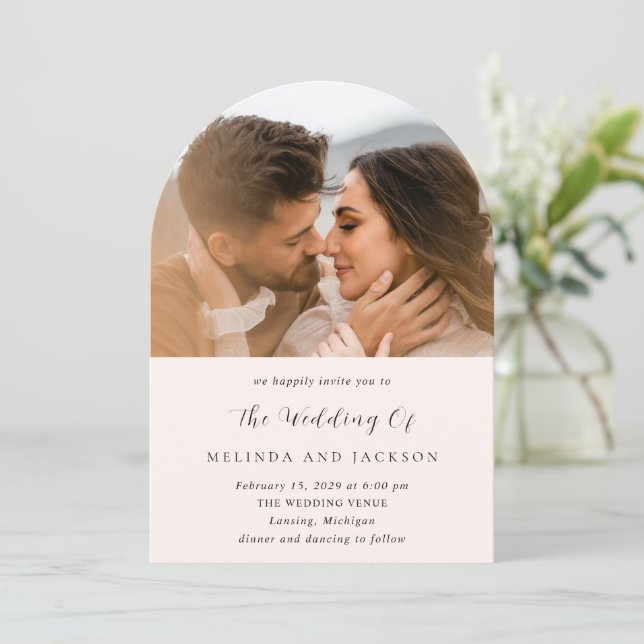 Earthy Neutral Photo Modern Wedding Einladung (Stehend Vorderseite)