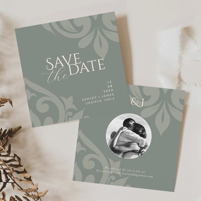 Earthy Olive Damask Elegantes klassisches Foto Hoc Save The Date (Von Creator hochgeladen)