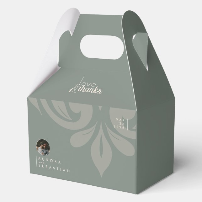 Earthy Olive Damask Sleek Minimal Foto Hochzeit Geschenkschachtel (Vorderseite)