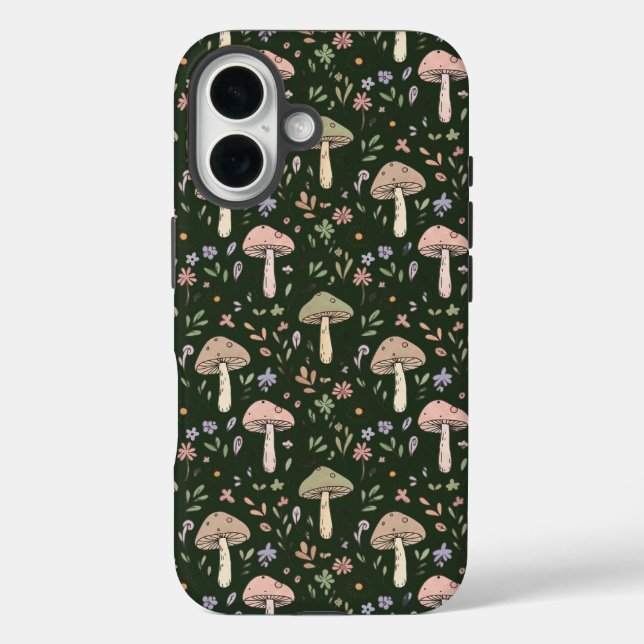 Earthy Olive Green Fungi Seamless Pattern Boho iPhone 16 Hülle (Rückseite)