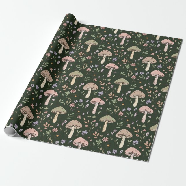 Earthy Olive Green Fungi Seamless Pattern Geschenkpapier (Ungerollt)