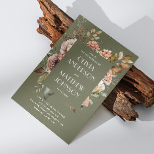 Earthy Olive Green Wedding   Boho Floral QR Code Einladung