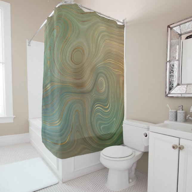 Earthy Olive Strata | Green und Gold Ink Agate Duschvorhang (Beispiel)