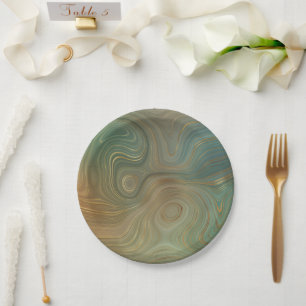 Earthy Olive Strata Green und Gold Ink Agate Pappteller