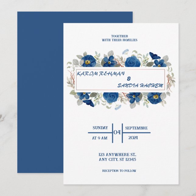 Earthy Orange Rose Bloral Navy Blue Wedding Einladung (Vorne/Hinten)
