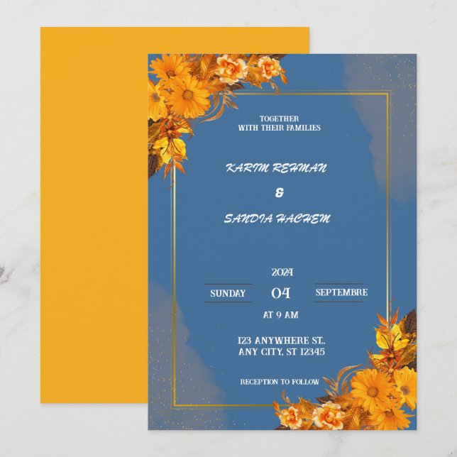 Earthy Orange Rose Bloral Navy Blue Wedding Einladung (Vorne/Hinten)