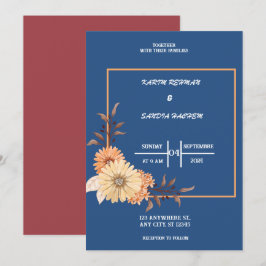 Earthy Orange Rose Bloral Navy Blue Wedding Einladung