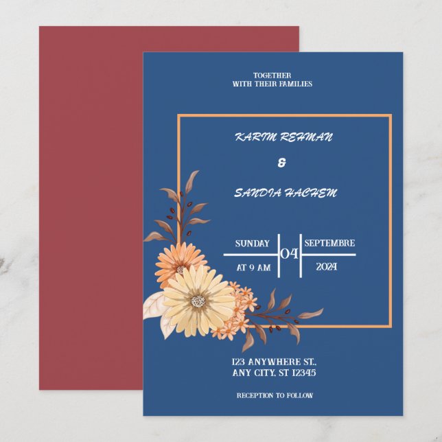 Earthy Orange Rose Bloral Navy Blue Wedding Einladung (Vorne/Hinten)