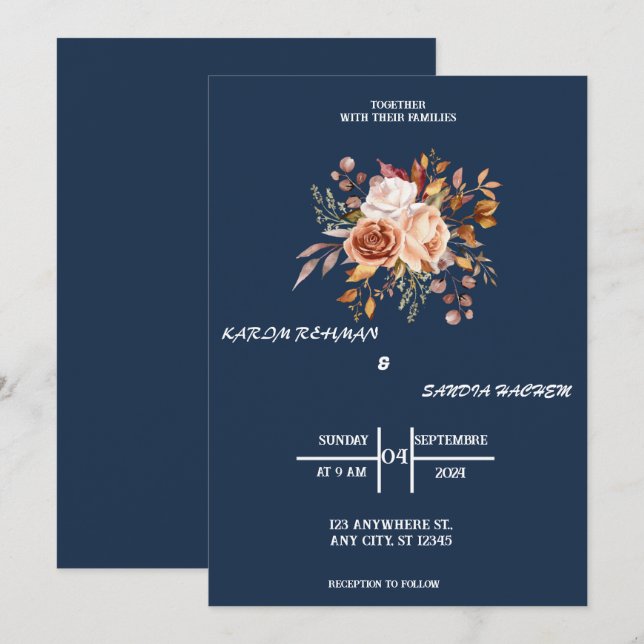 Earthy Orange Rose Bloral Navy Blue Wedding Einladung (Vorne/Hinten)