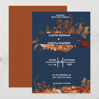 Earthy Orange Rose Bloral Navy Blue Wedding Einladung