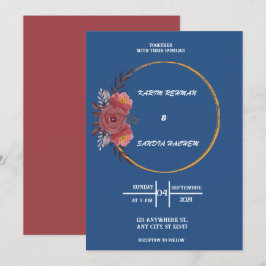 Earthy Orange Rose Floral Navy Blue Wedding Invi Einladung