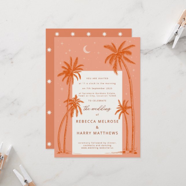 Earthy Palm Trees Orange Boho Hochzeitseinladung Einladung (Vorderseite/Rückseite Beispiel)