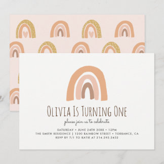 Earthy Pastel Rainbow 1. Geburtstag Einladung
