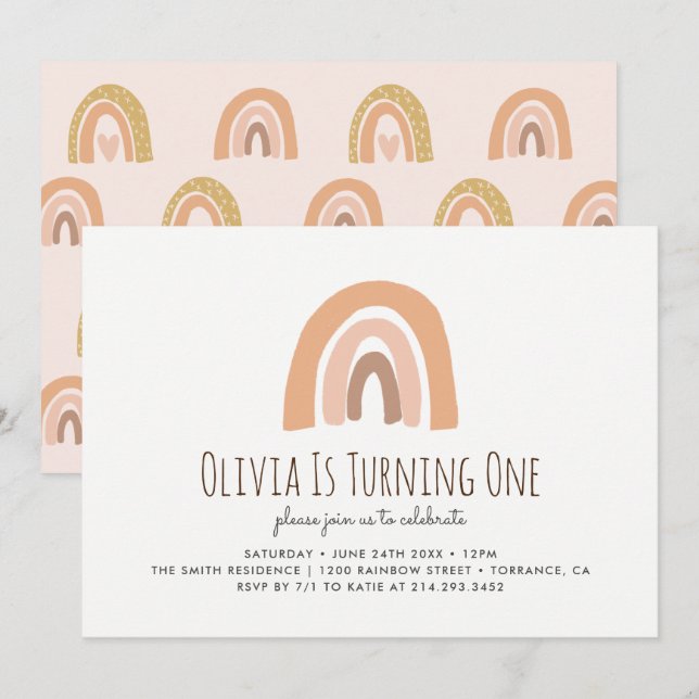 Earthy Pastel Rainbow 1er Anniversaire Invitation (Devant / Derrière)
