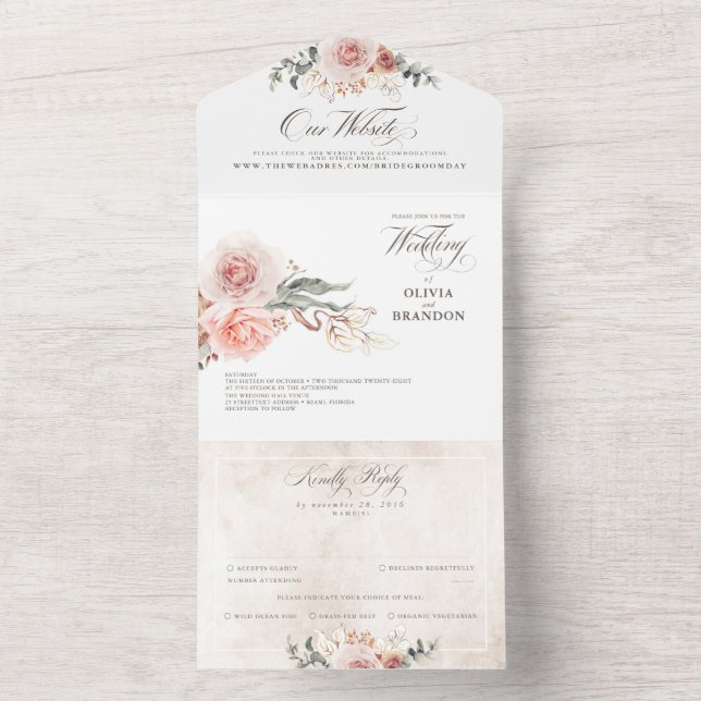 Earthy Pink Blume Elegant Boho Wedding All In One Einladung (Innen Boden)