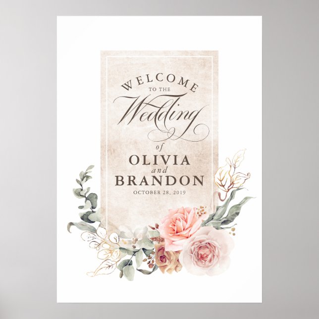 Earthy Pink Blume Elegante Wedding Welcome Sign Poster (Vorne)