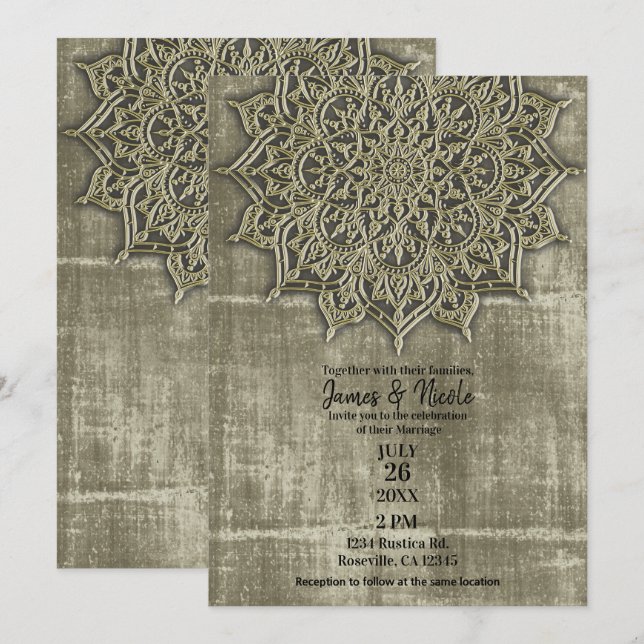 Earthy Rustic Tan Mandala Minimal Wedding Einladung (Vorne/Hinten)