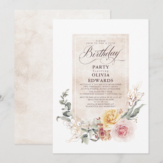 Earthy Shade Blume Boho Elegant Birthday Party Einladung (Vorne/Hinten)