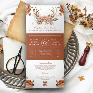 Earthy Terracotta Floral Antlers QR Code Wedding Dreifach Gefaltete Einladung