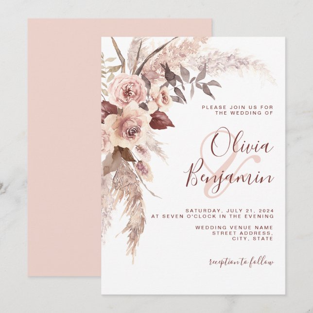 Earthy Terracotta Floral Champagne Boho Wedding Einladung (Vorne/Hinten)