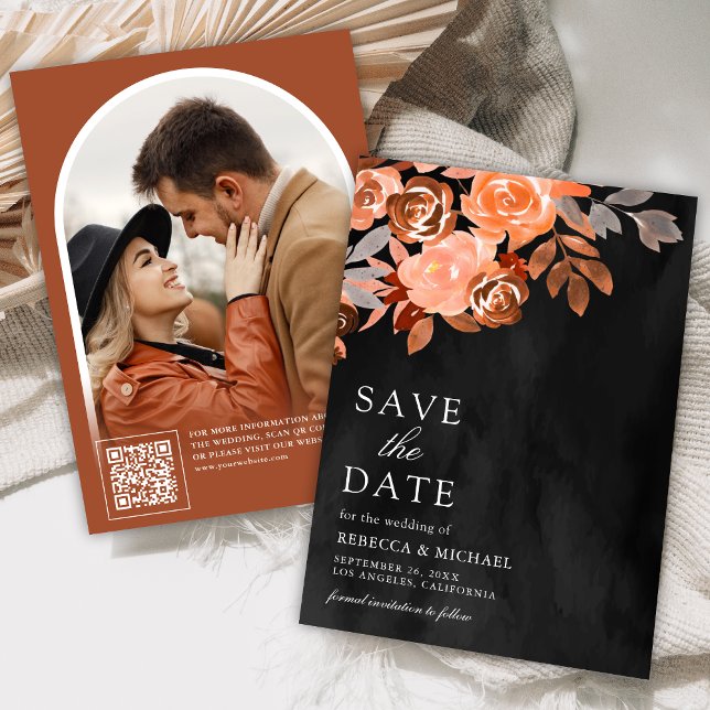 Earthy Terracotta Floral Wedding Foto Black Save The Date (Von Creator hochgeladen)