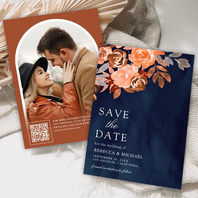 Earthy Terracotta Floral Wedding Foto Navy Blue Save The Date (Von Creator hochgeladen)