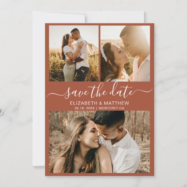Earthy Terracotta Script Foto Collage Wedding Save The Date (Vorderseite)