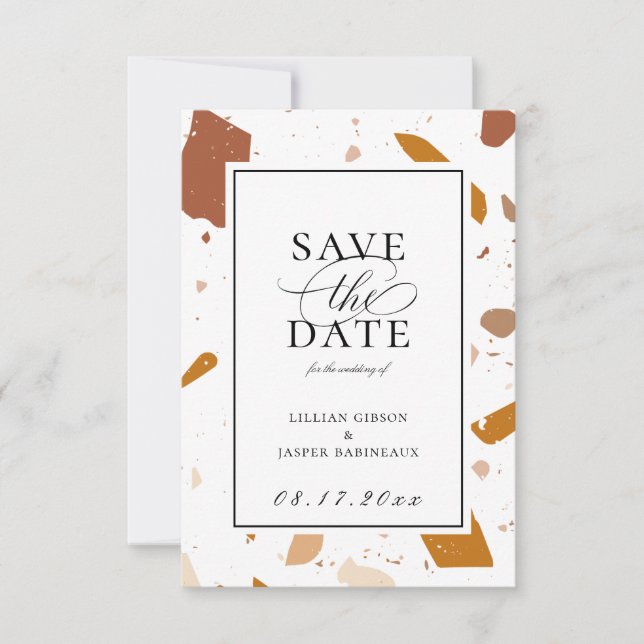 Earthy Terrazzo Pattern Save the Date Ankündigung (Vorderseite)