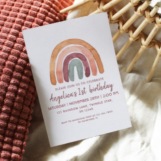 Earthy Tone Rainbow 1st Birthday Girl Einladung