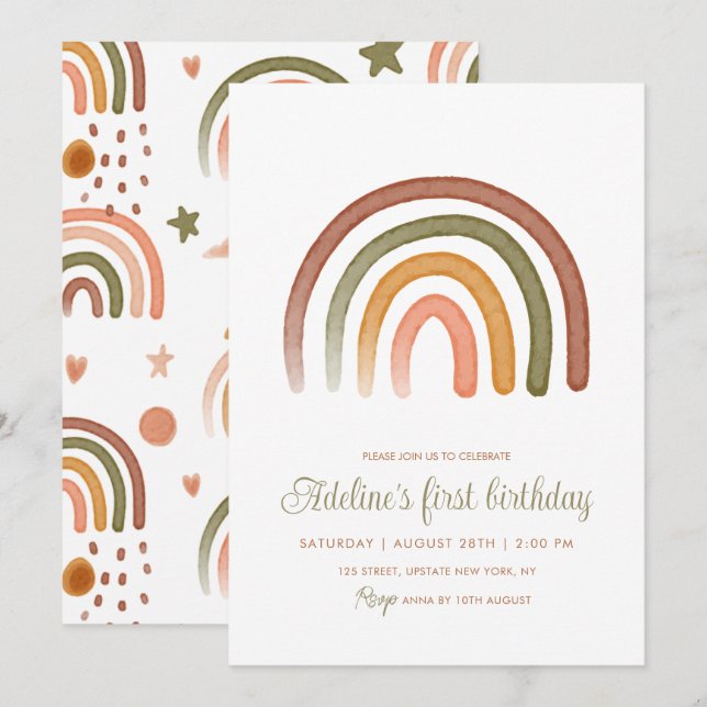 Earthy Tone Watercolor Rainbow Boho Birthday Einladung (Vorne/Hinten)