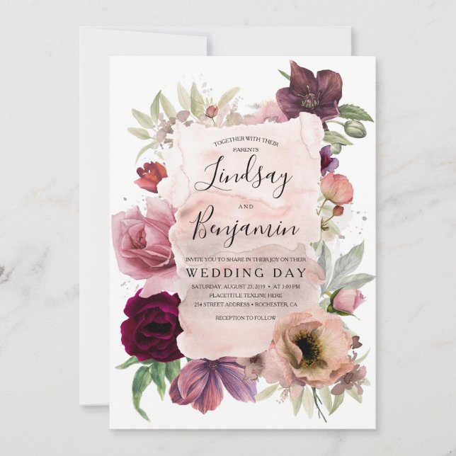 Earthy Tones Burgundy Vintage Wedding Einladung (Vorderseite)