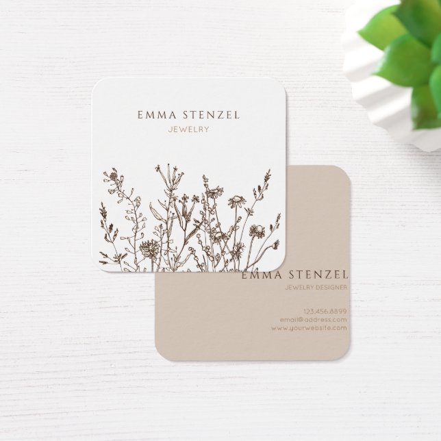 Earthy Wild Blume Floral Square Business Card (Schreibtisch)