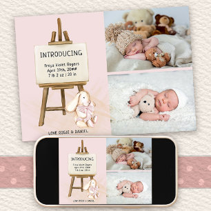 Easel & Bunny 2 Foto Baby Girl Birth Ankündigung