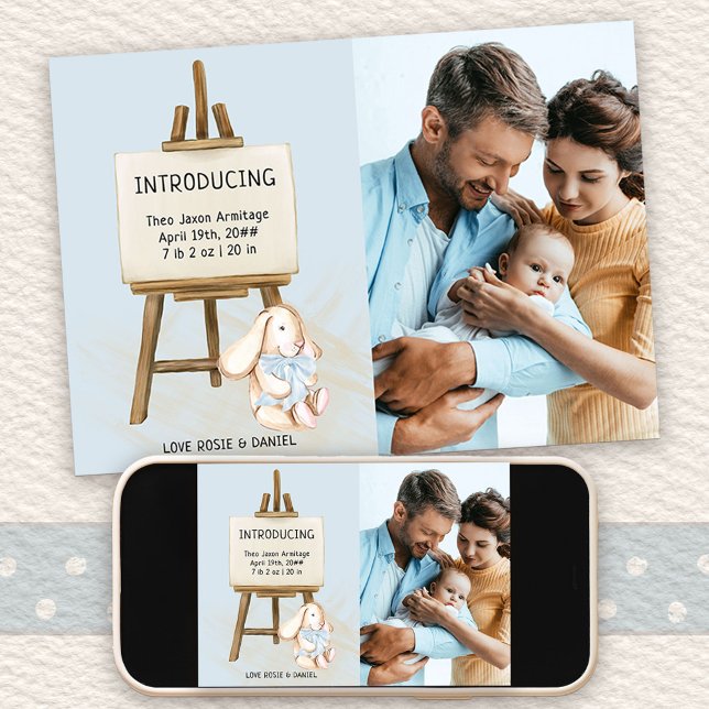 Easel & Bunny Foto Baby Boy Birth Ankündigung (Photo Birth Announcement with cute nursery design. Buy printed or as printable digital download)