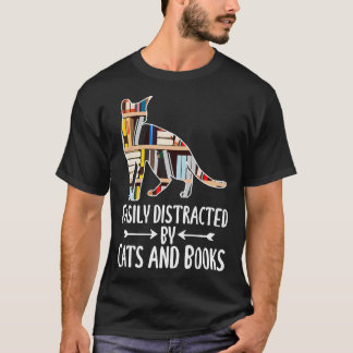 Easily abgelenkt von Katzen und Büchern Lustiger L T-Shirt