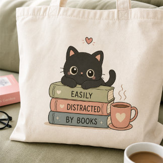 Easily Distracted by Books Süße schwarze Katze Tra Tragetasche