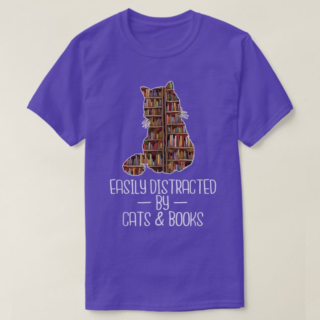 Easily Distracted by Cats & Books Lover Book Nerd T-Shirt (Design vorne)