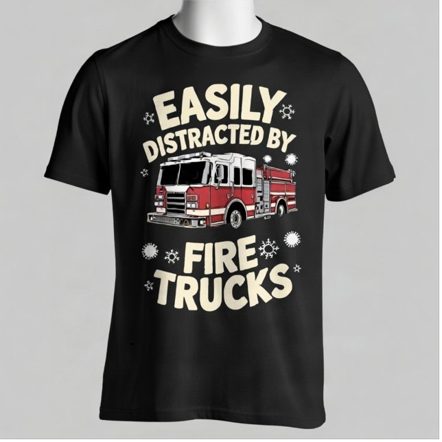 Easily Distracted By Fire Trucks Funny Firefighter T-Shirt (Von Creator hochgeladen)