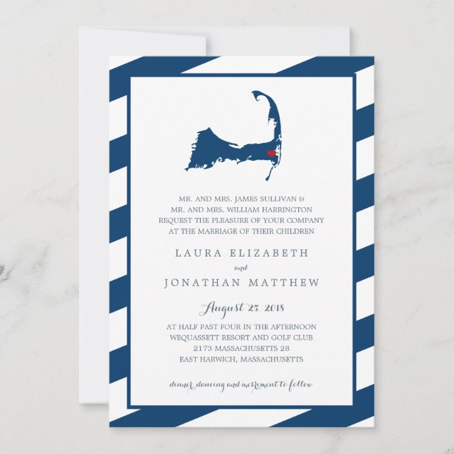 East Harwich Navy Blue Cape Cod Map | Hochzeit Einladung (Vorderseite)
