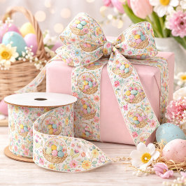 Easter Basket & Spring Floral Pattern Satinband