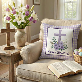 Easter Blessings Cross with Flowers Purple Gingham Kissen