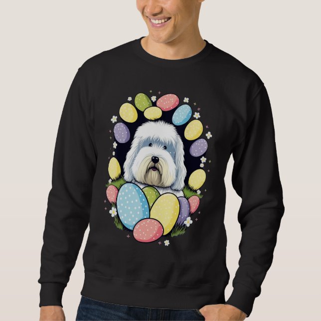 Easter Bobtail Bunny Eggs Dog on Easter Old Englis Sweatshirt (Vorderseite)