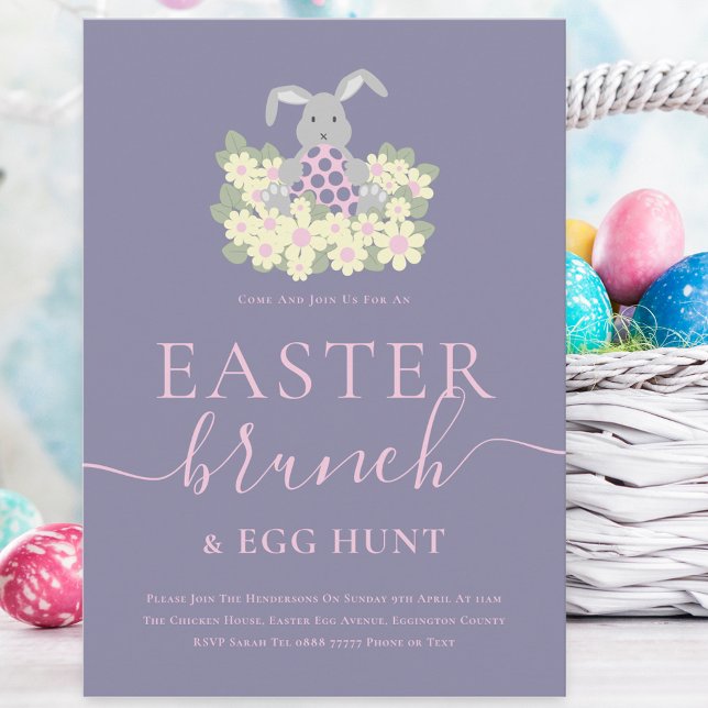 Easter Brunch and Egg Hunt Einladung (Cute easter bunny egg hunt and brunch spring party purple pink invitation )