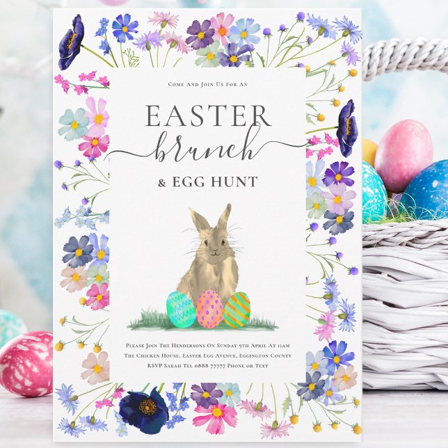 Easter Brunch & Egg Hunt Einladung (Easter bunny egg hunt and wildflower spring party invitation Watercolor wildflowers)