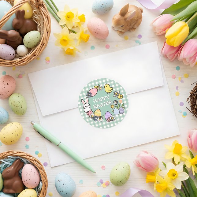 Easter Brunch & Egg Hunt Green Gingham Runder Aufkleber (Von Creator hochgeladen)