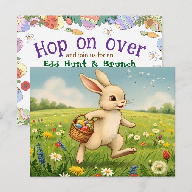 Easter Brunch & Egg Hunt Spring Meadow Bunny Einladungspostkarte (Vorne/Hinten)