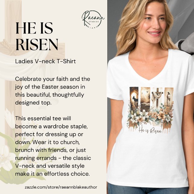 Easter Brushstroke 'He Is Risen' V-Neck T-Shirt (Von Creator hochgeladen)